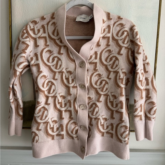 COACH Tan Brown Monogram Print 100% Wool Cardigan Size Small - Picture 1 of 7